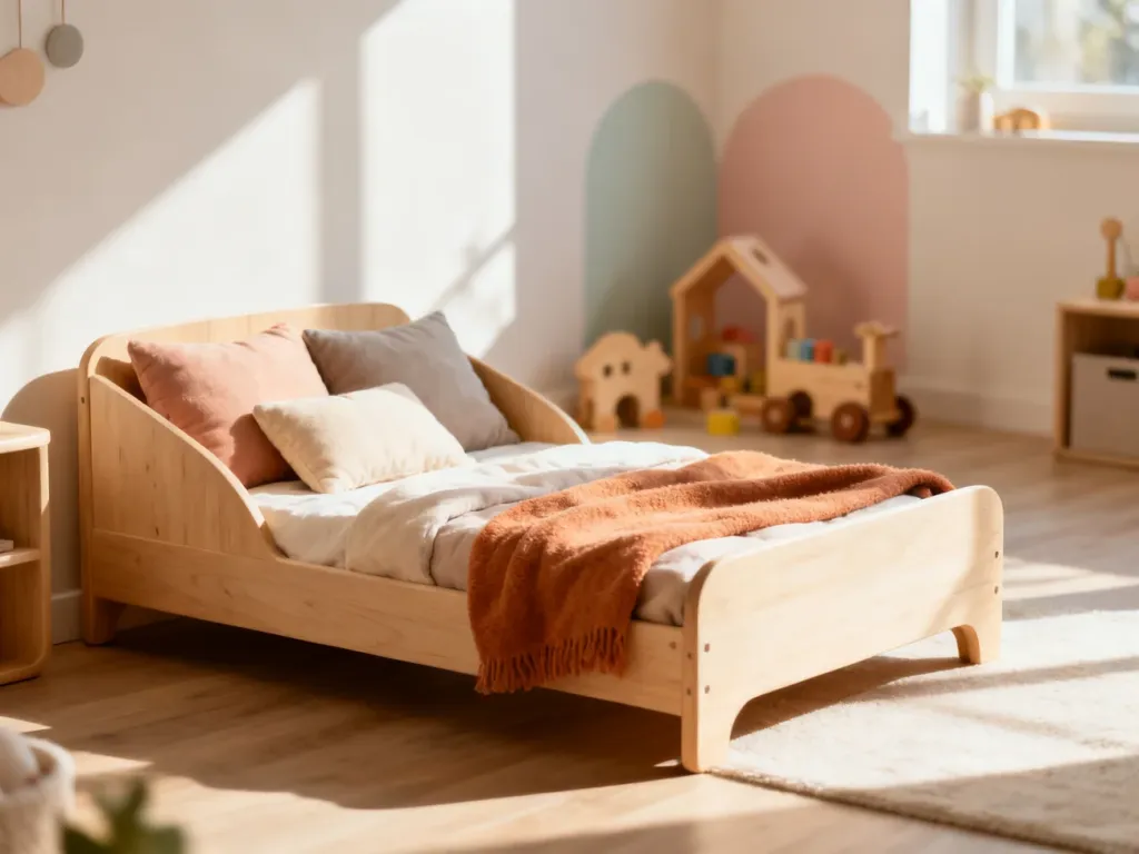 Przytulny pokój dziecięcy z niskim łóżkiem w stylu Montessori, zapewniającym dziecku bezpieczeństwo i łatwy dostęp.