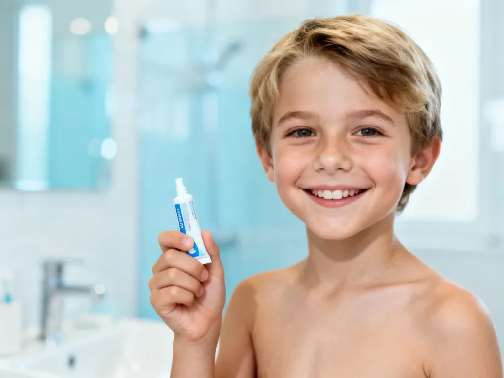 Uśmiechnięte dziecko trzymające tubkę pasty remineralizującej Tooth Mousse w jasnej, nowoczesnej łazience.