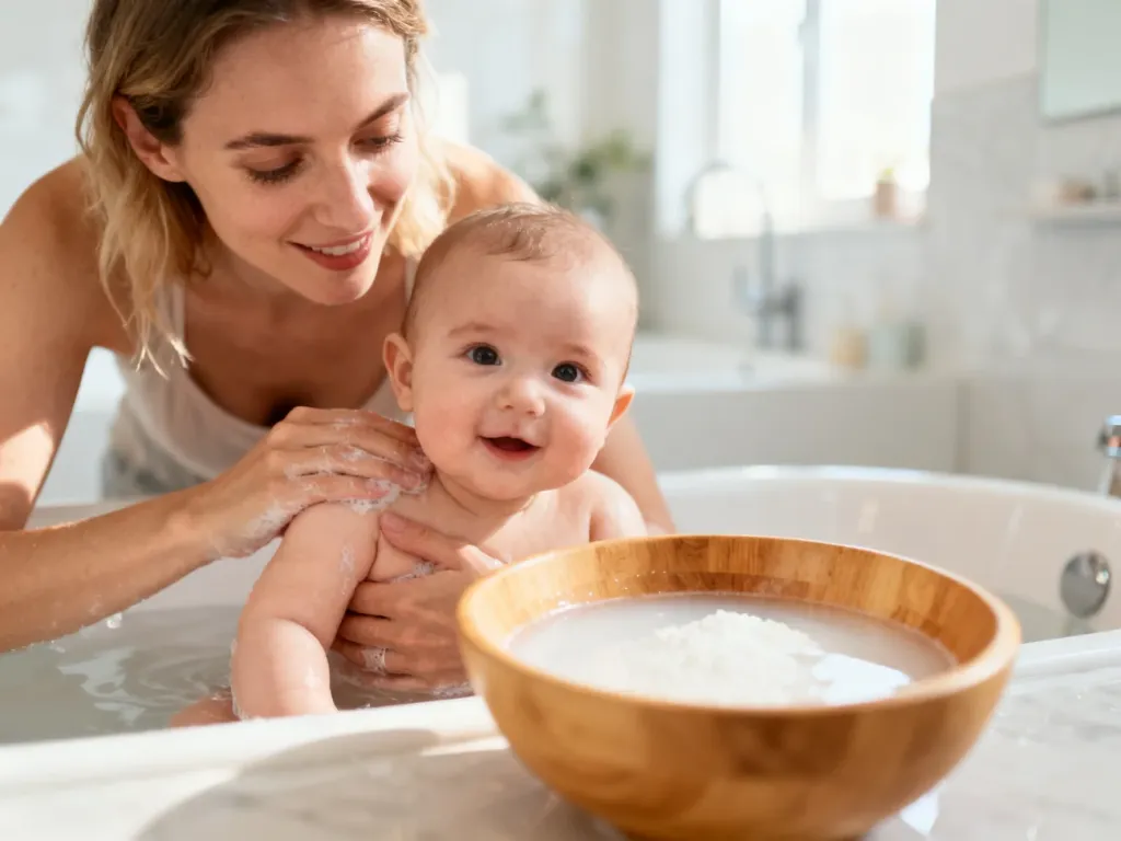 Mama delikatnie kąpiąca niemowlę w wodzie z krochmalem w jasnej, przytulnej łazience.