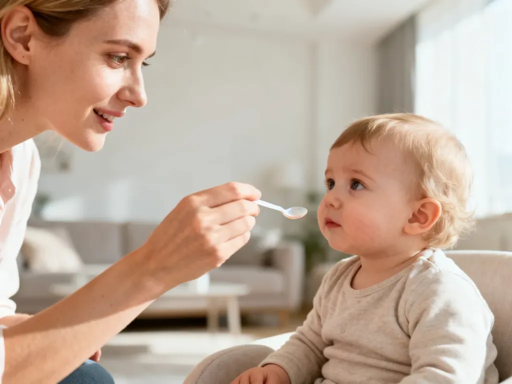 Mama podaje rocznemu dziecku syrop na kaszel przy użyciu miarki w przytulnym, domowym wnętrzu.