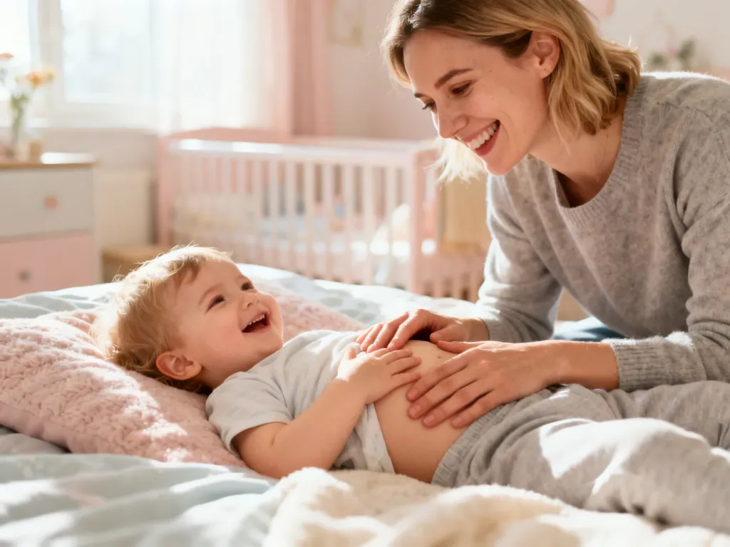 Uśmiechnięta mama delikatnie masuje brzuszek szczęśliwego dziecka leżącego na łóżku w przytulnym pokoju.