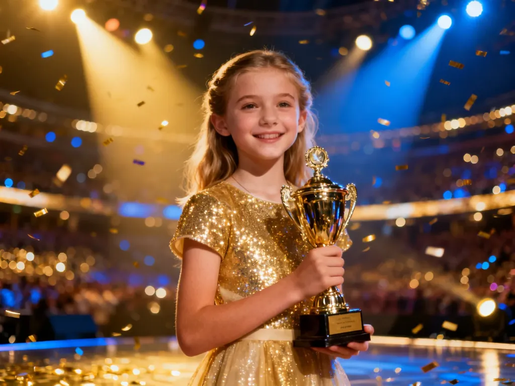 Młoda zwyciężczyni Eurowizji Junior trzymająca trofeum na oświetlonej scenie w otoczeniu konfetti.
