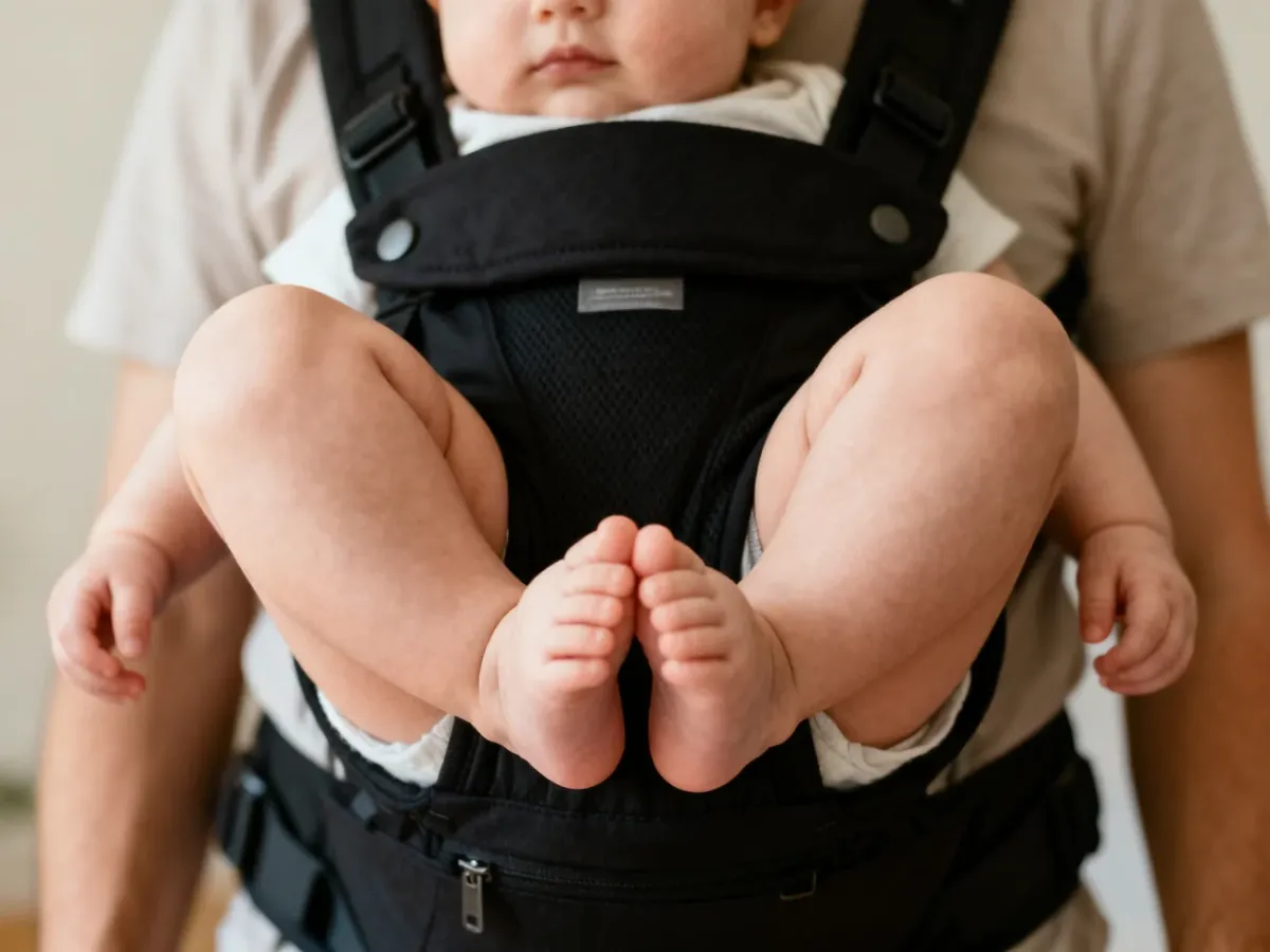 Niemowlę w ergonomicznym nosidełku z nóżkami ułożonymi w pozycji M