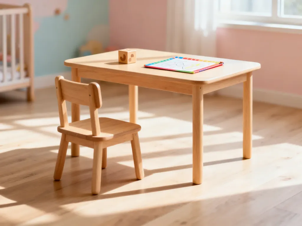 Minimalistyczny drewniany stolik z krzesełkiem dla dziecka w jasnym, przytulnym pokoju zabaw.